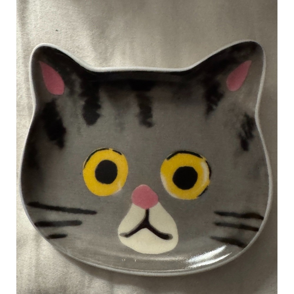 Cat Face Gray Tabby Trinket Dish / Tea Bag Holder 9‎ x 8 x 1.5cms. New